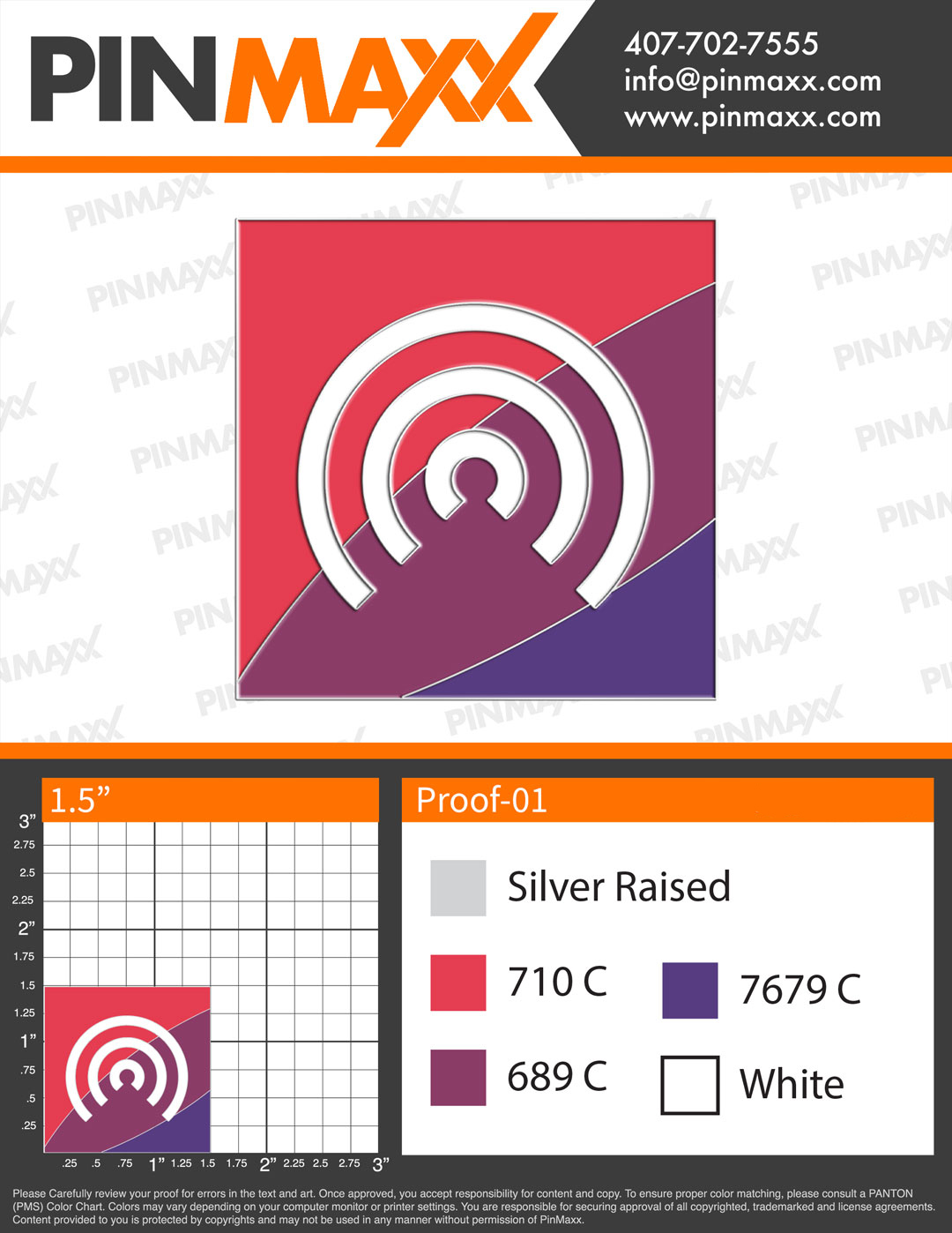 Custom pin design proof showing detailed color specifications and dimensions.